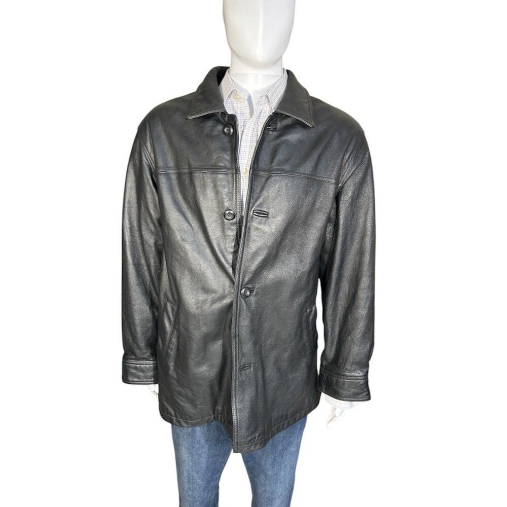 Vintage Outbrook Men's Size L Large Black Leather Jacket Coat Button Up Quilted